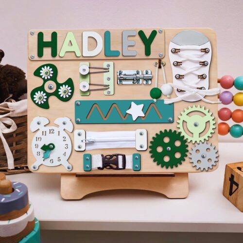 Personalized Baby Busy Board - Sensory Activity Wooden Toys - Montessori Learning Toddler Gift image 0