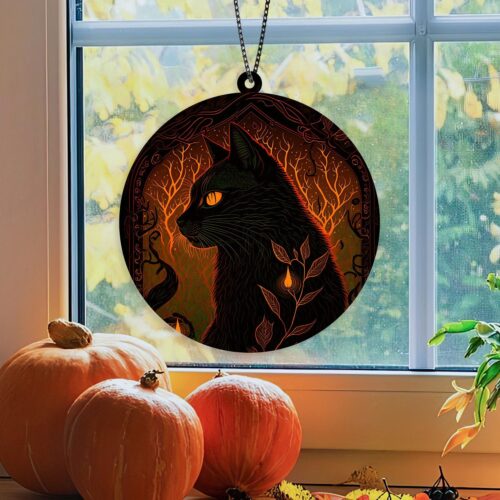 Black Cat Halloween Ornament Suncatcher | Fall Season Spooky Cat Window Hanging Decor | Cat Memorial Gift image 0