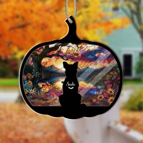 Custom Halloween Pumpkin Dog Suncatcher | Fall Decor | Spooky Gothic Home Decor | Dog Lover Gift image 0