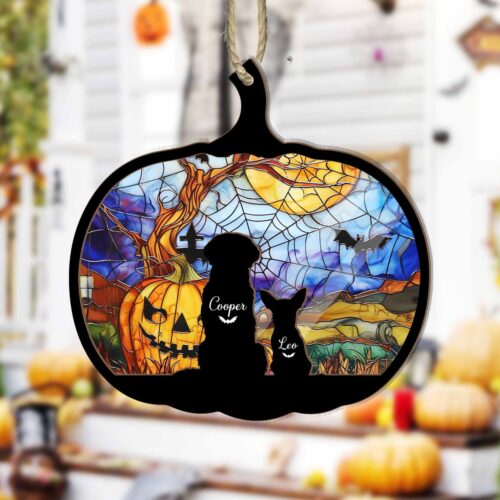 Custom Halloween Dog Suncatcher | Fall Pumpkin Dog Decor | Gothic Spooky Home Gift image 0