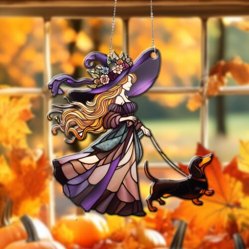 Halloween Witch and Dachshund Acrylic Suncatcher Decoration for Dog Lovers image 0