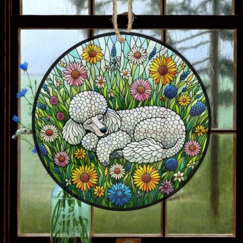 Poodle Sleeping in Wildflower Garden Suncatcher Ornament | Botanical Window Decor | Poodle Mom Gift image 0