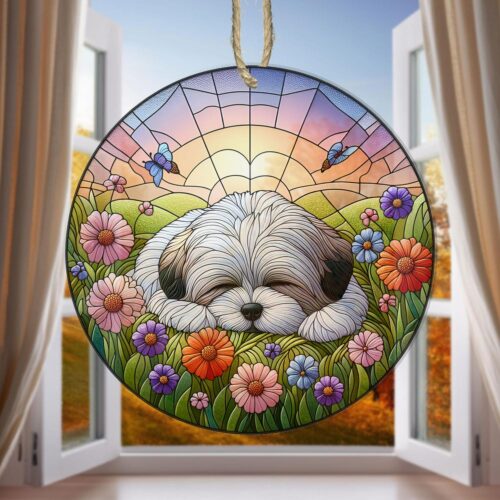 Shih Tzu Sleeping in Wildflower Garden Suncatcher Ornament - Botanical Window Decor Gift image 0