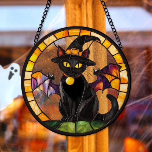 Halloween Black Cat Suncatcher | Spooky Ghost Stained Glass | Cat Lover Halloween Decor image 0