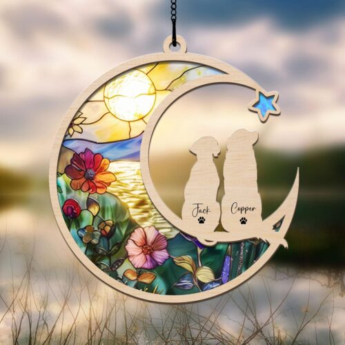 Personalized Loss of Pet sympathy Gift, Dog and Cat Memorial Gift, Couple Pet on Moon Suncatcher, Animal Momentos| Loss Of Dog Sympathy Gift image 0