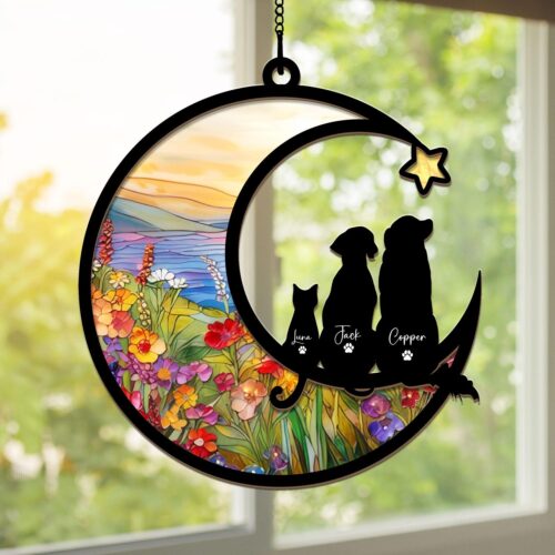 Personalized Loss of Pet sympathy Gift, Dog and Cat Memorial Gift, Couple Pet on Moon Suncatcher, Memorial gift| Loss Of Dog Sympathy Gift image 0