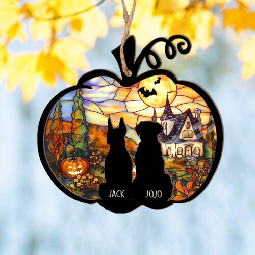 Custom Halloween Dog Suncatcher | Pumpkin Dog Window Hanging | Fall Decor | Gothic Home Decor image 0