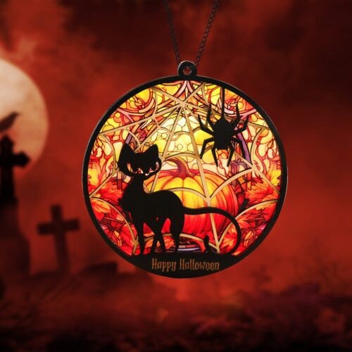 Halloween Black Cat Suncatcher Ornament - Fall Decor Cat Memorial Gift Halloween Night Decor image 0