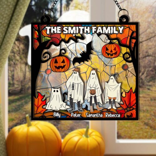 Customized Ghost Family Pumpkin Suncatcher, Personalized Halloween Family Portrait With Pets Window Hangings, Fall Ghost Family Decoration image 0