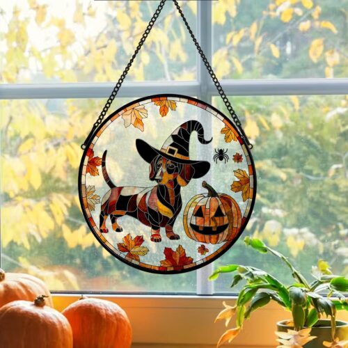 Halloween Spooky Dachshund Stained Glass Suncatcher | Dog Mom Gift | Window Garden Decor image 0