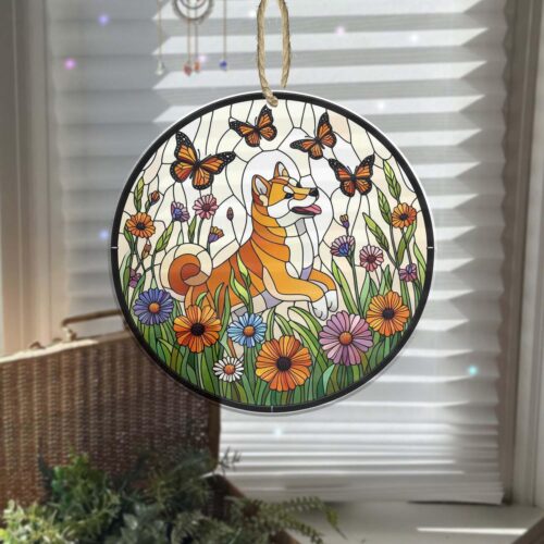 Shiba Inu in Wildflower Garden Suncatcher Ornament | Botanical Window Hanging Decor for Dog Moms image 0