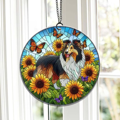 Shetland Sheepdog Sunflower Garden Suncatcher Ornament | Botanical Window Hanging Decor image 0