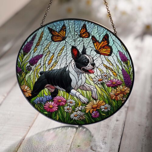 Boston Terrier in Wildflower Field Glass Suncatcher - Dog Mom Gift | Home Decor | Monarch Glass image 0