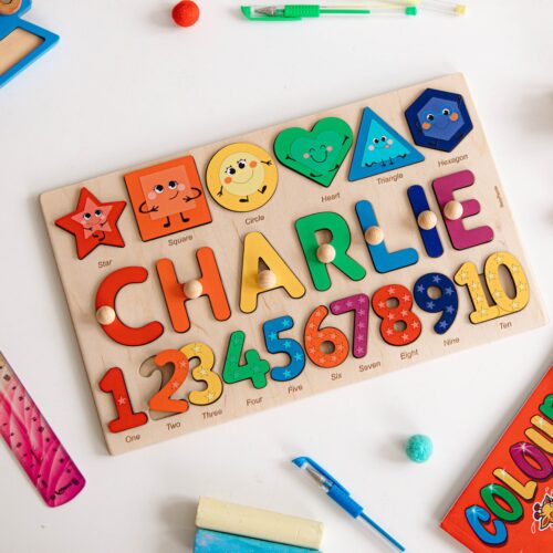 Personalized Wooden Name Puzzle with Shapes and Numbers Educational Toys for Toddlers Birthday and Christmas Gifts image 0