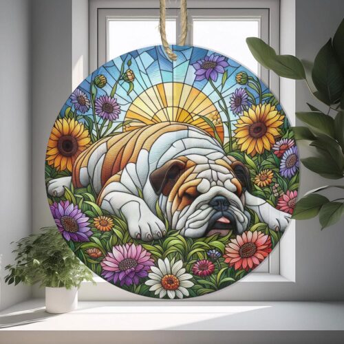 Bulldog and Wildflower Garden Suncatcher Ornament | Botanical Window Hanging | Bulldog Mom Gift image 0