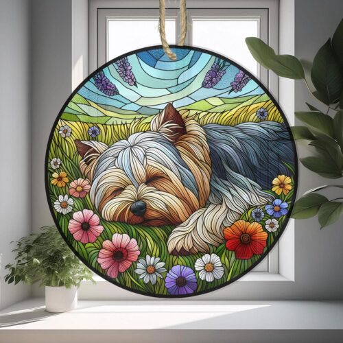 Yorkshire Terrier Wildflower Garden Suncatcher Botanical Window Hanging Decor Yorkshire Mom Gift image 0