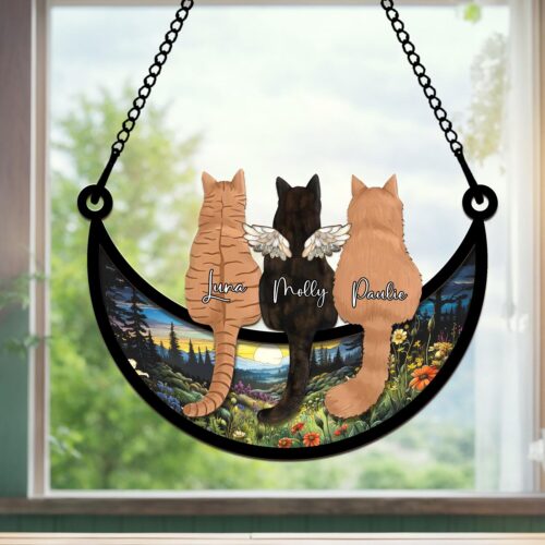 Personalized Cats Memorial Suncatcher - Loss of Pet Sympathy Gift - Three Cats Window Decor image 0