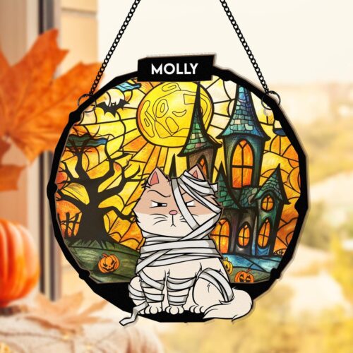 Personalized Halloween Cat Suncatcher Ornament - Custom Window Hanging Decor for Cat Lovers image 0