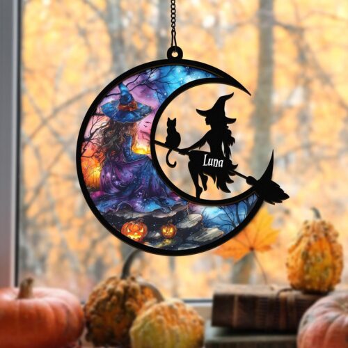 Custom Halloween Witch Suncatcher with Black Cat Ornament - Halloween Home Decor Gift for Her image 0