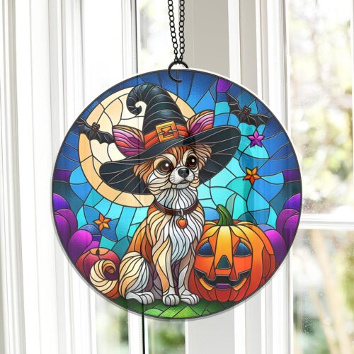 Halloween Chihuahua Suncatcher Ornament | Witchy Dog Window Decor | Cute Halloween Window Hanging image 0