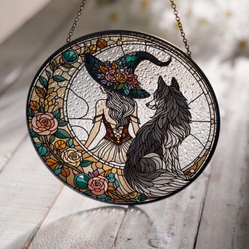 Witch and Wolf Glass Suncatcher - Witchy Halloween Decor Gothic Sign Wolf Lovers Gift image 0