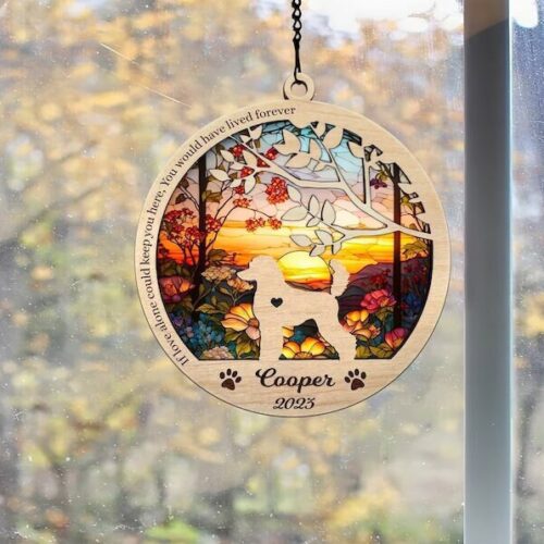 Personalized Dog Memorial Suncatcher with Beach Ocean Sunrise | Dog Lover Gift image 0