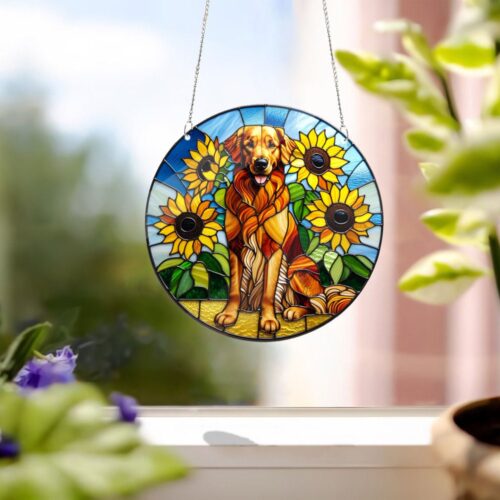 Golden Retriever Acrylic Suncatcher | Sunflower Dog Home Decor | Dog Mom Gift | Memorial Art image 0