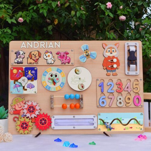 Personalized Busy Board for Toddlers - Custom Name Montessori Activity Puzzle - First Birthday Baby Shower Gift image 0