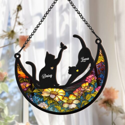 Personalized Cats Memorial Suncatcher - Cat on Moon Ornament | Pet Loss Sympathy Gift Cat Lover Home Decor image 0