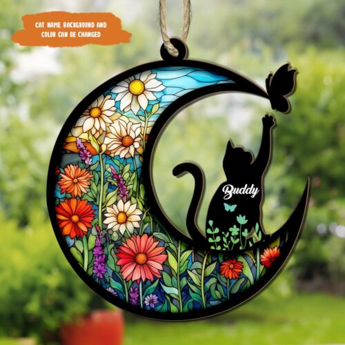 Personalized Cat Memorial Suncatcher Ornament - Custom Loss of Cat Sympathy Gift - Cat Remembrance image 0