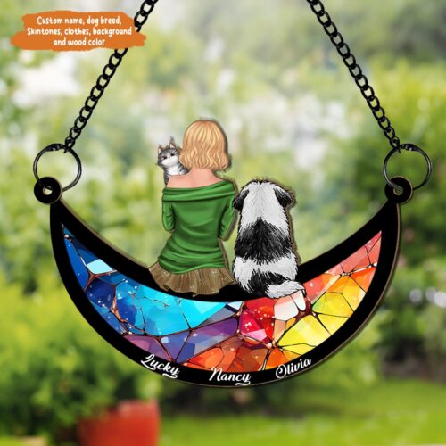 Mother & Daughter Moon Suncatcher - Best Friend Ornament - Cat Dog Memorial Gift - Wall Decor image 0