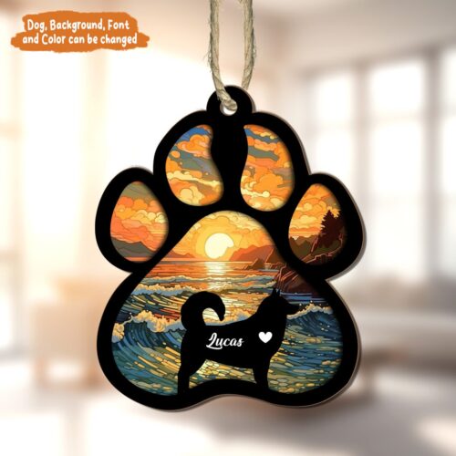 Personalized Dog Paw Memorial Suncatcher Ornament with Custom Sunset Background - Pet Sympathy Gift image 0