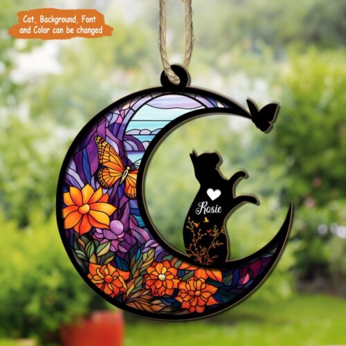 Customized Cat Breed Sunset Beach Suncatcher Ornament | Cat Loss Sympathy Gift | Cat Memorial image 0