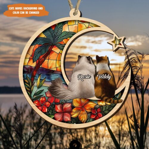 Customized Cat Breed Memorial Suncatcher - Couple Cat on Moon Loss of Pet Ornament image 0