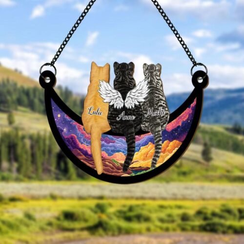 Cat Memorial Suncatcher for Pet Loss - Custom Name Sleeping Cat on Moon Ornament Gift image 0