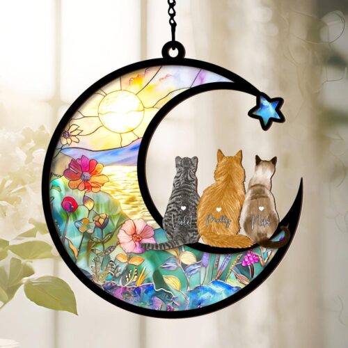 Personalized Cat Memorial Suncatcher - Pet Loss Sympathy Gift - Three Cats Housewarming Window Decor image 0