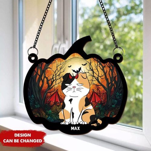 Pumpkin Shaped Cat Suncatcher for Halloween - Custom Pet Lovers Gift Decor image 0