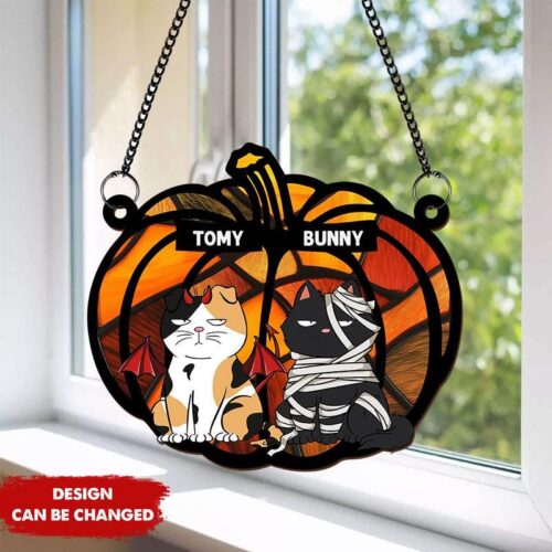 Personalized Pumpkin Suncatcher Window Hanging - Cat Halloween Decor Gift for Cat Lovers image 0