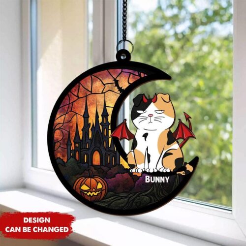 Custom Halloween Cat Suncatcher Ornament Cat Lover Gift Pet Decor Cat Mom Dad Present image 0