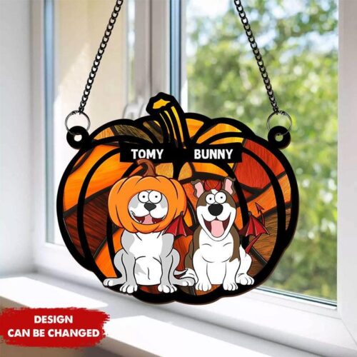 Custom Pumpkin Shaped Halloween Dog Suncatcher Pet Lover Gift Dog Mom Dad Decor image 0