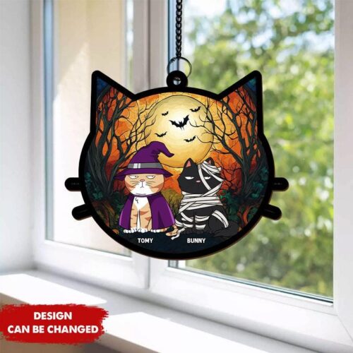 Personalized Cat Lover Suncatcher - Cat Mom Gift Pet Lover Decor Halloween Cat Decor image 0