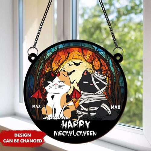 Happy Meowloween Cat Suncatcher Ornament | Custom Halloween Cat Decor | Cat Lover Gift image 0