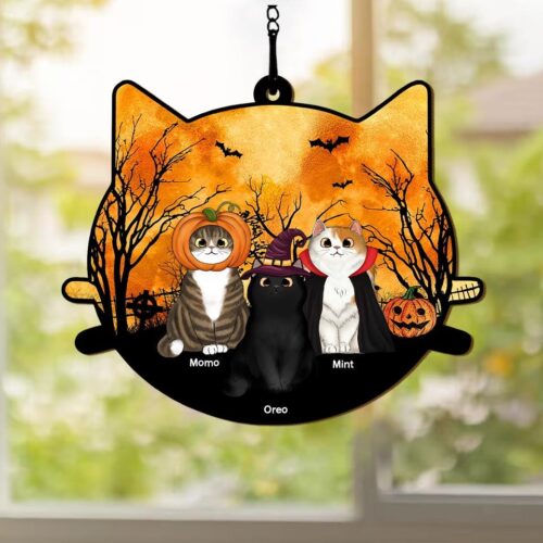 Custom Cat Halloween Suncatcher Ornament - Personalized Gift for Cat Lovers - Window Hanging Decor image 0